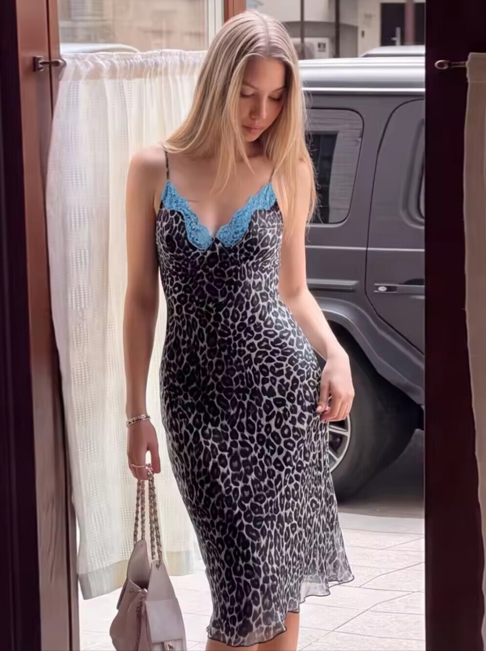 Fashion Leopard Print Slips Patchwork Lace Backless Sexy Bodycon Midi